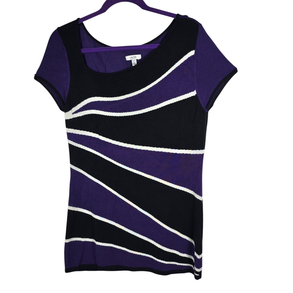 Cache Knit Scoop Neck Top Large Women‎ Purple Black White Abstract Wave Artistic